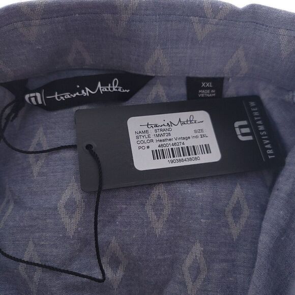 Travis Mathew Strand Heather Vintage Indi Blue Short Sleeve Button Shirt 2XL - Picture 7 of 8